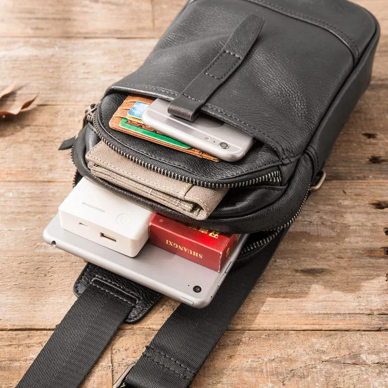 Black Leather Mens Sling Bag Sling Shoulder Bag Chest Bag for men