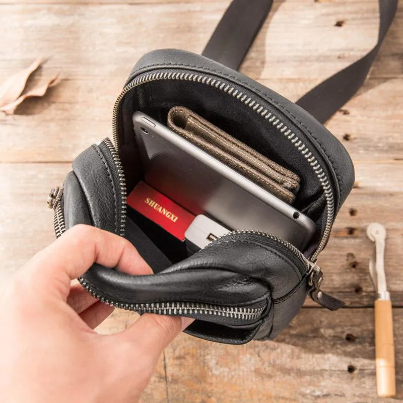 Black Leather Mens Sling Bag Sling Shoulder Bag Chest Bag for men