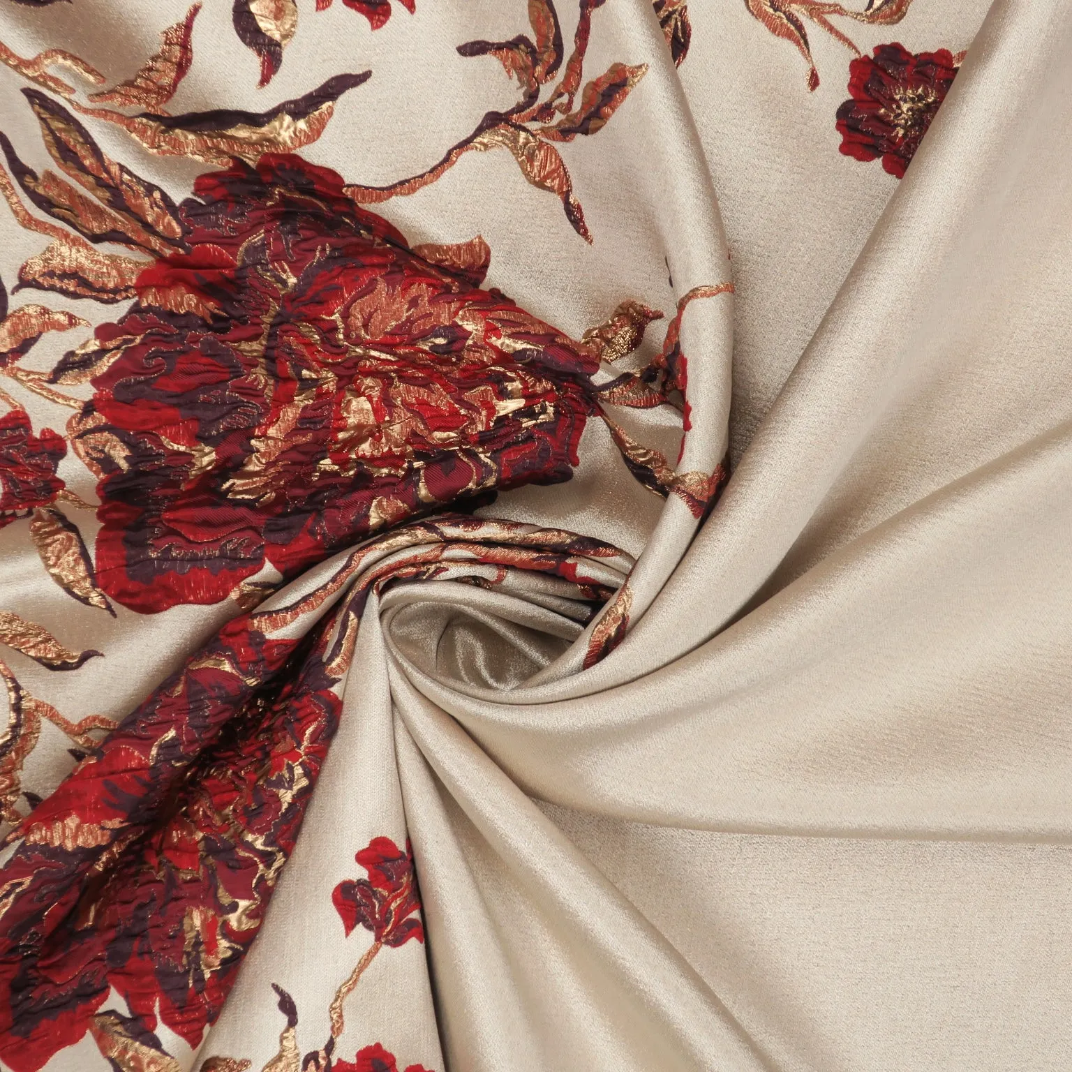 Black Red and Gold Florals on Champagne Background Brocade Fabric