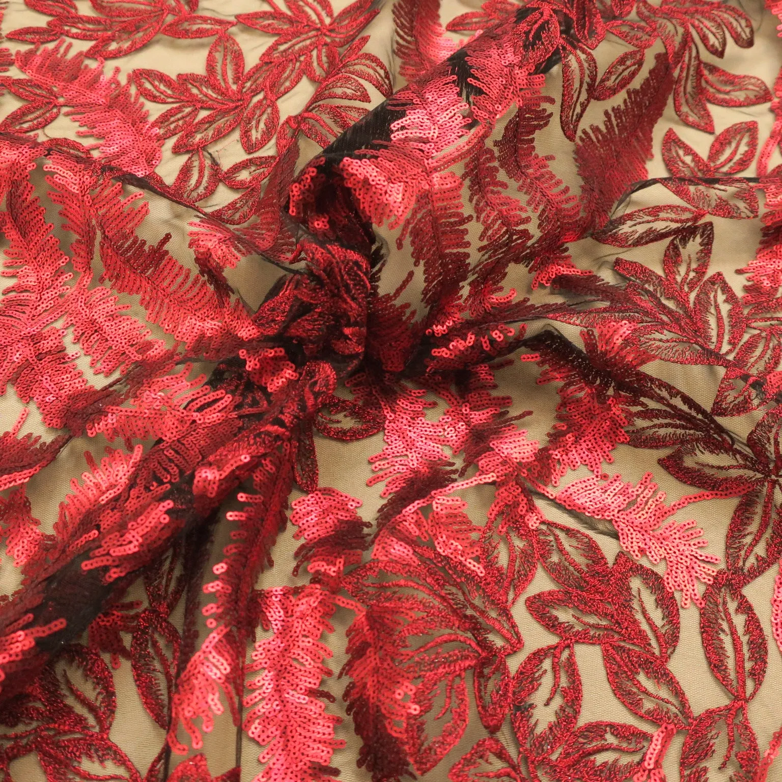 Black Tulle with Red Sequins  Floral Design Embroidered  Fabric