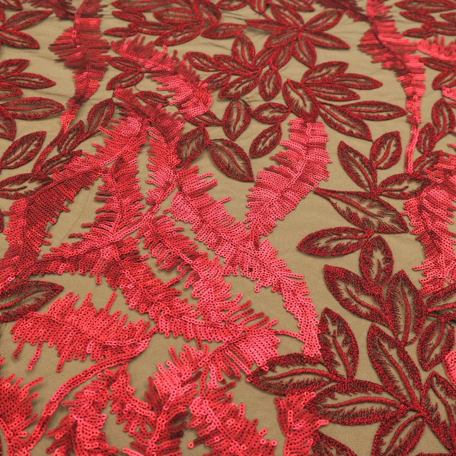 Black Tulle with Red Sequins  Floral Design Embroidered  Fabric