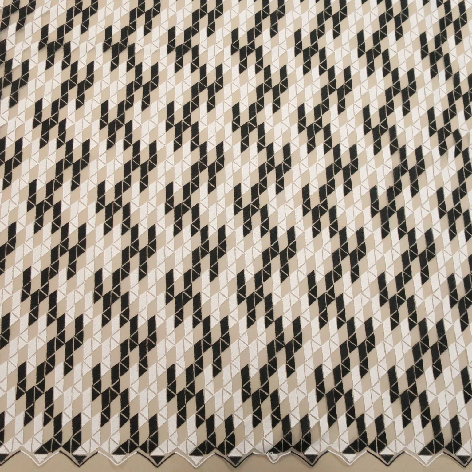 Black Tulle with White and Black Geometric Pattern Embroidered Fabric