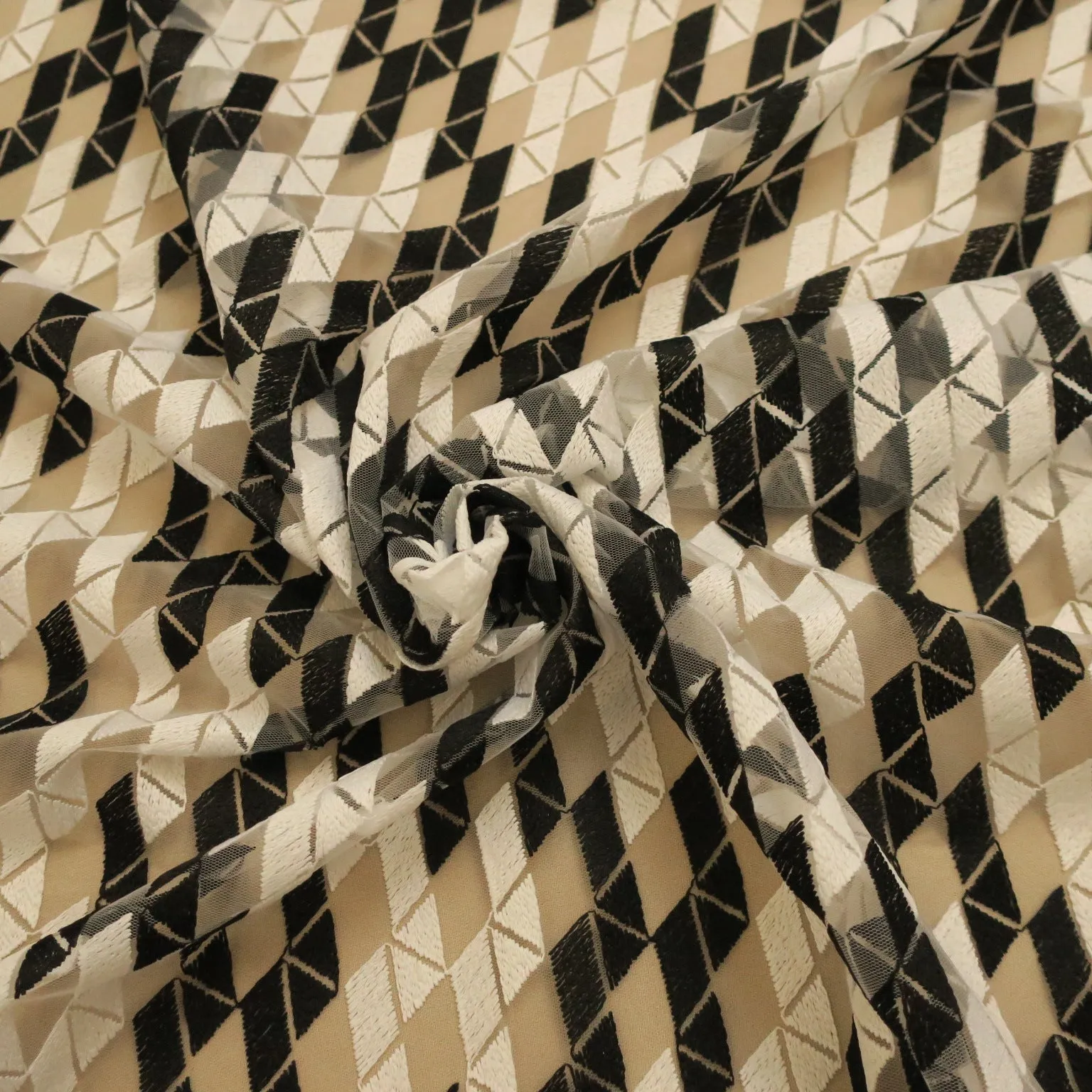 Black Tulle with White and Black Geometric Pattern Embroidered Fabric