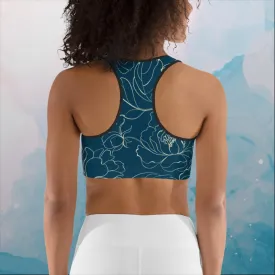 Blue and Cream Floral Stencil Lines Womens Sports Bra