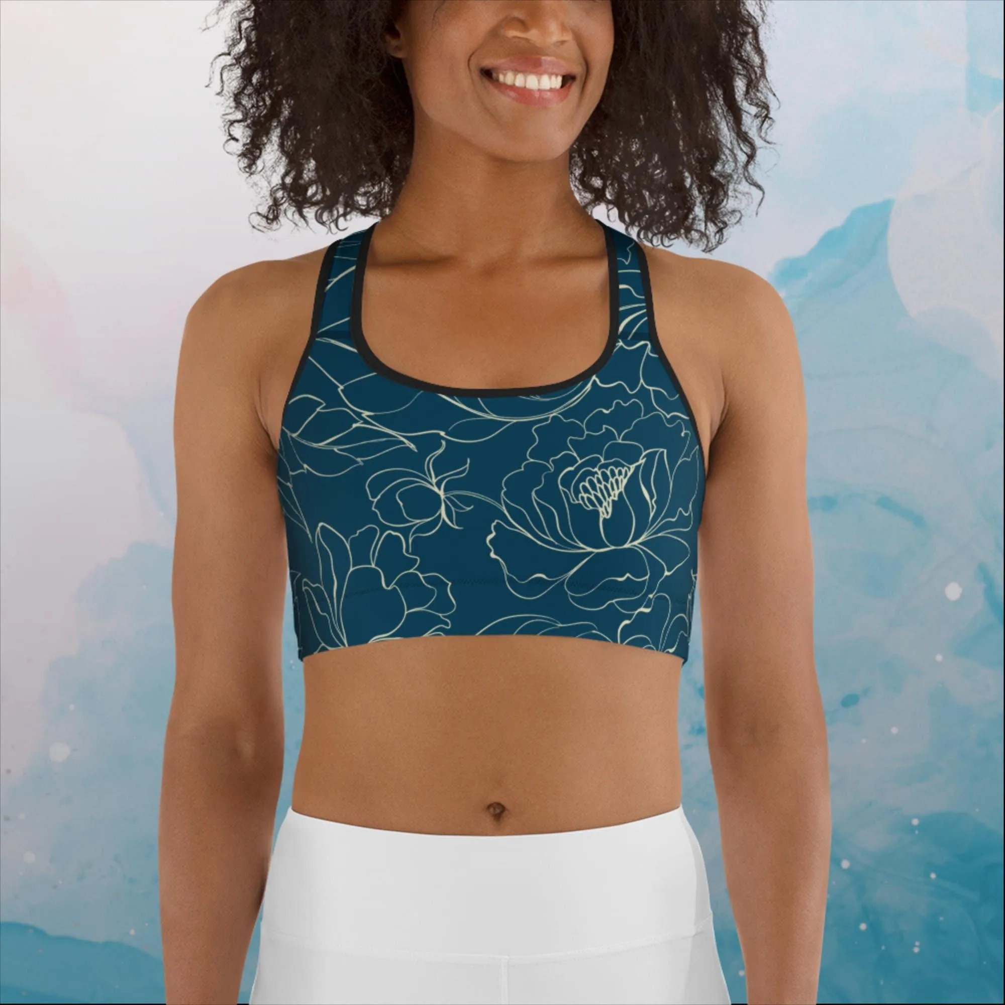 Blue and Cream Floral Stencil Lines Womens Sports Bra