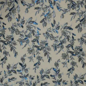 Blue Beaded and Sequined Flower Abstract Embroidered Tulle Fabric