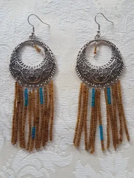 Blue Gold Seed Bead Silver Earrings