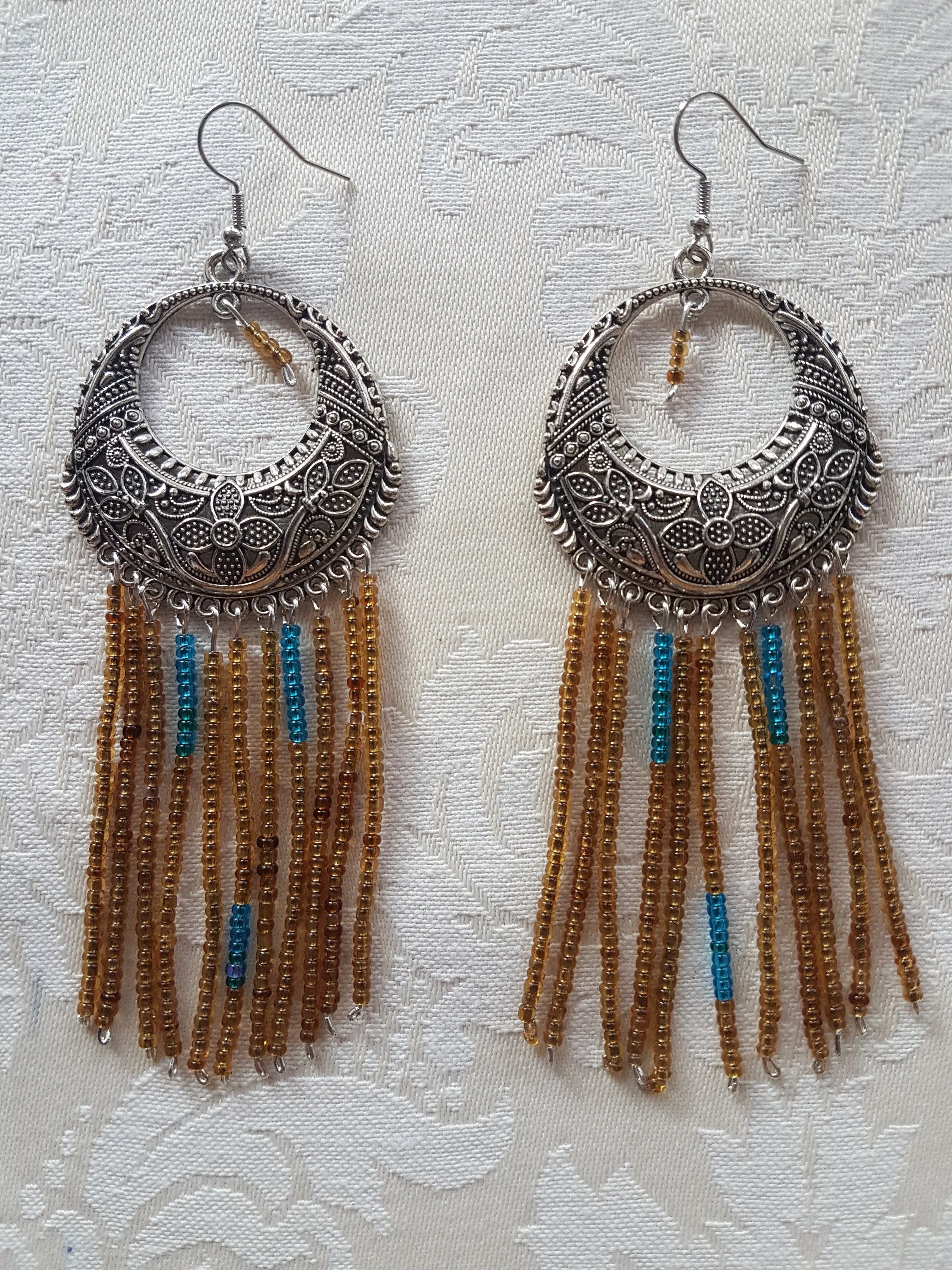 Blue Gold Seed Bead Silver Earrings