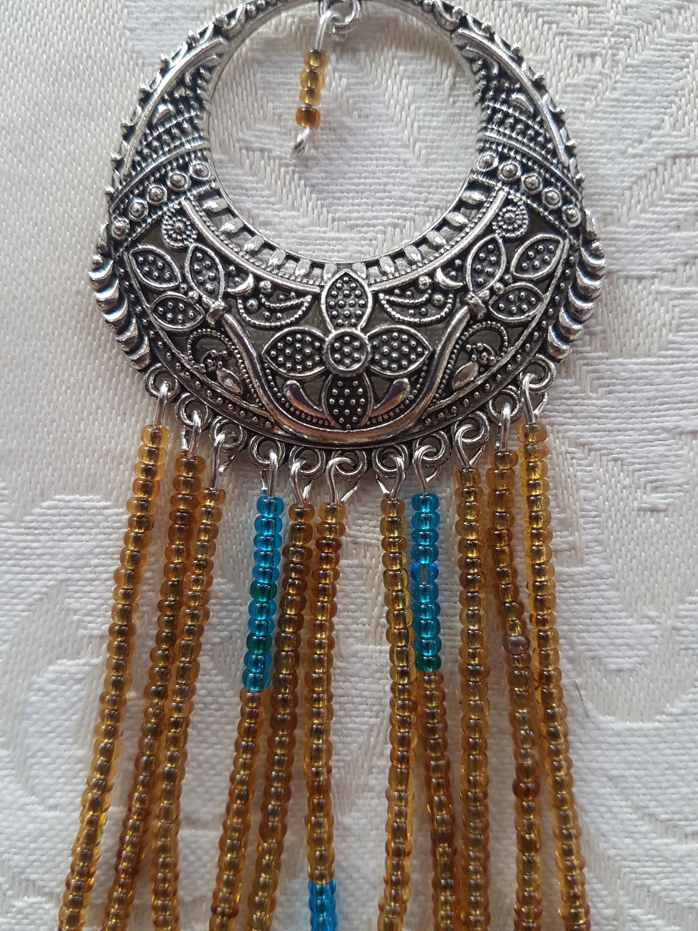 Blue Gold Seed Bead Silver Earrings