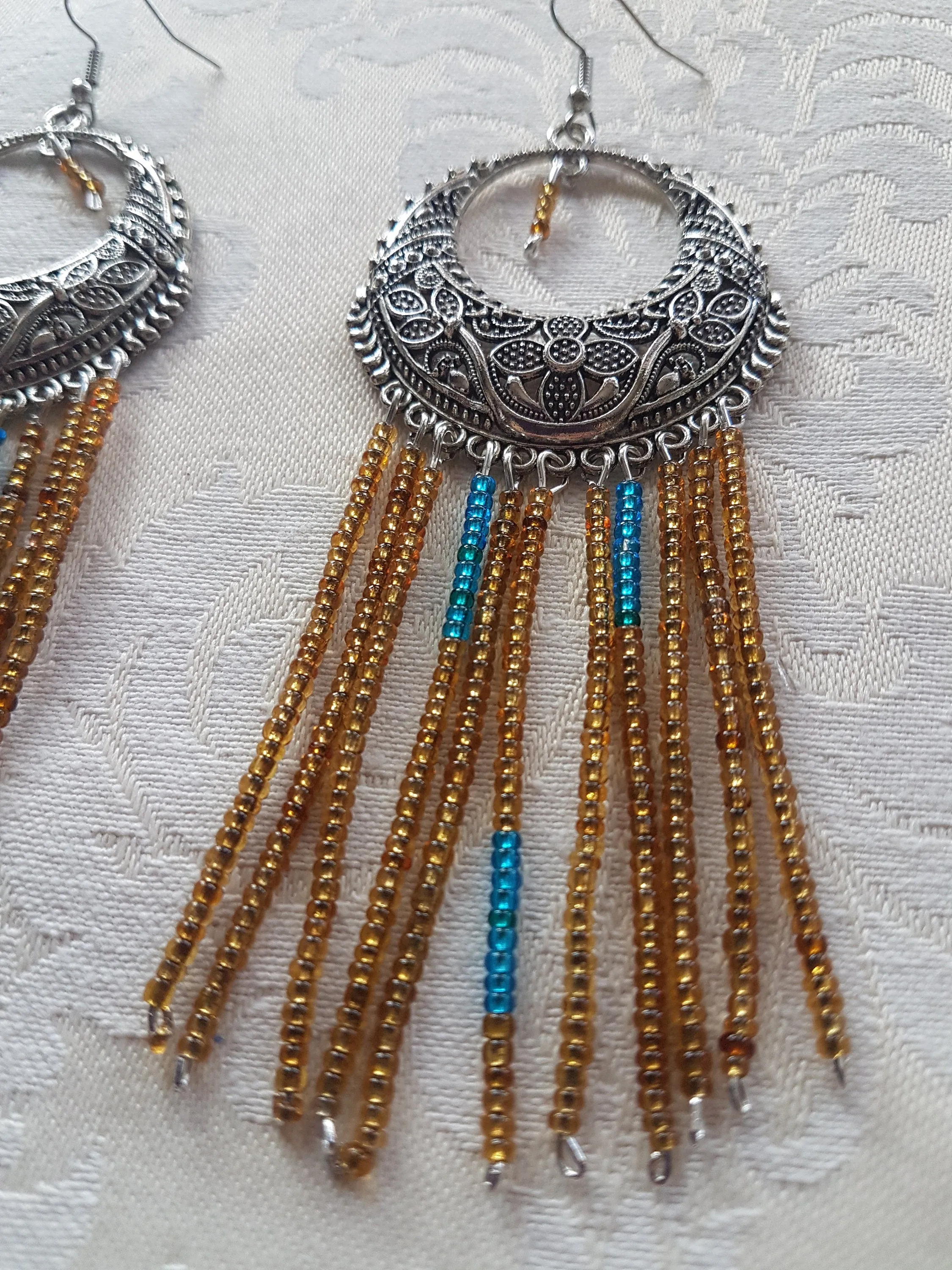 Blue Gold Seed Bead Silver Earrings