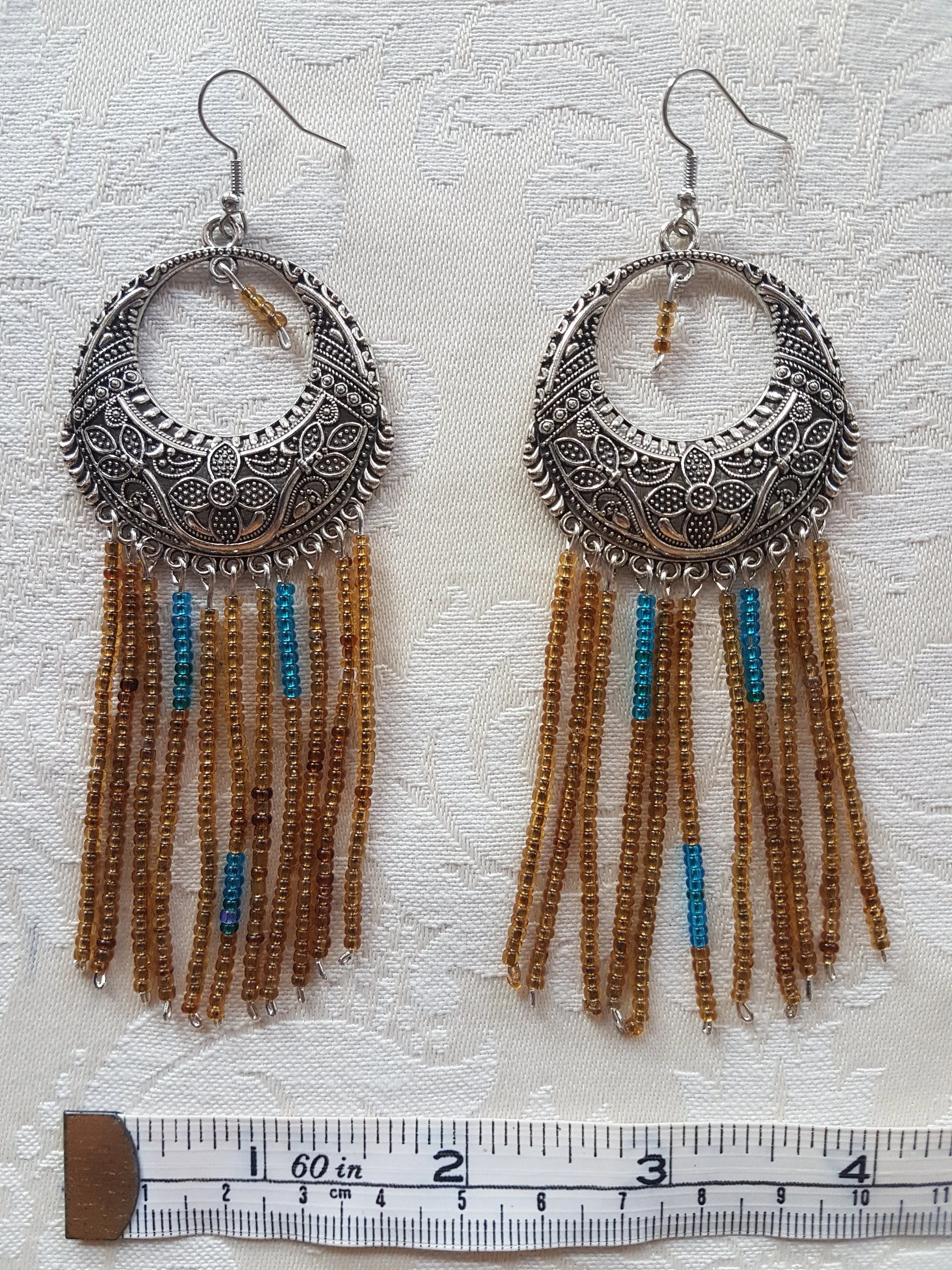 Blue Gold Seed Bead Silver Earrings