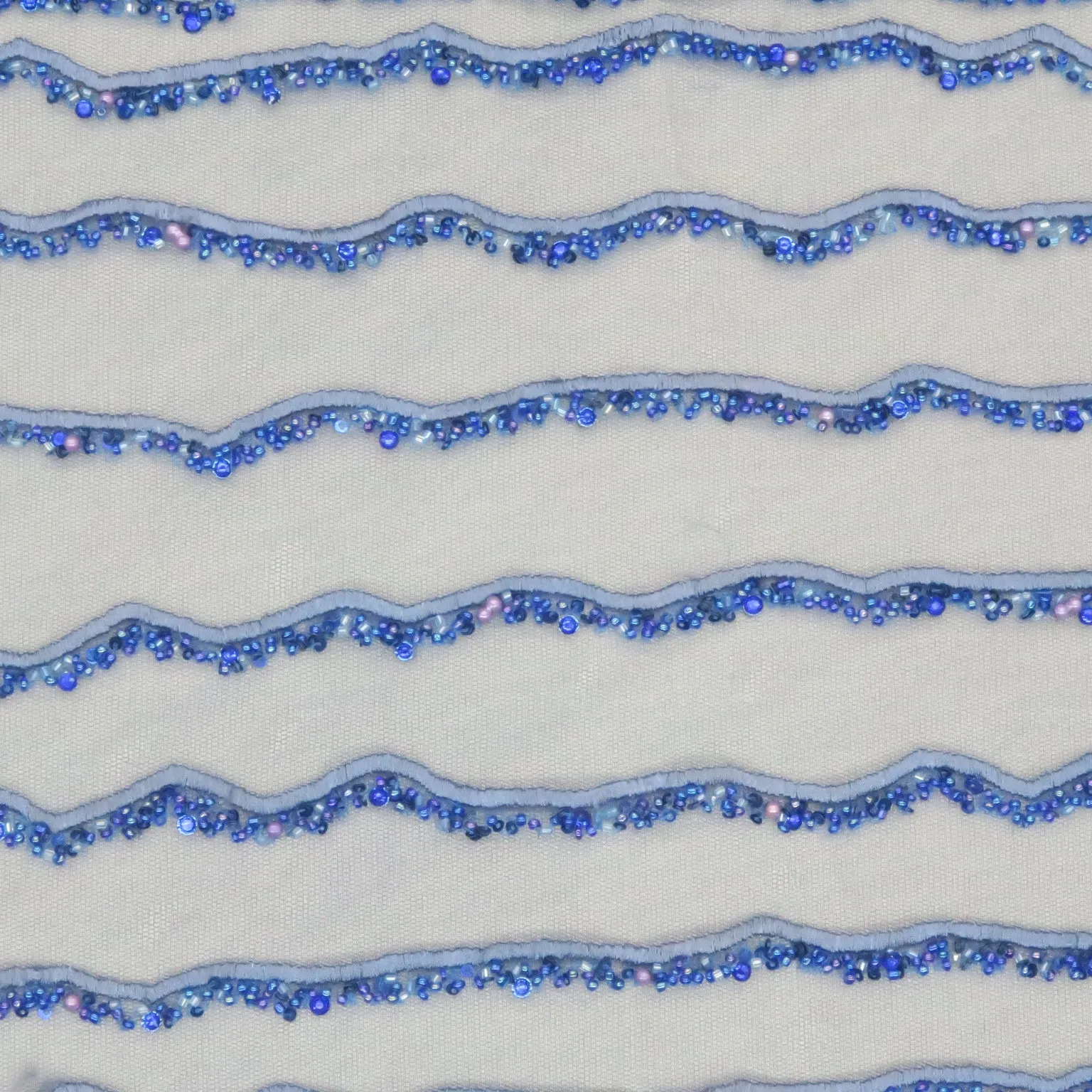 Blue Tulle Wave with Sequin Design Embroidered Fabric