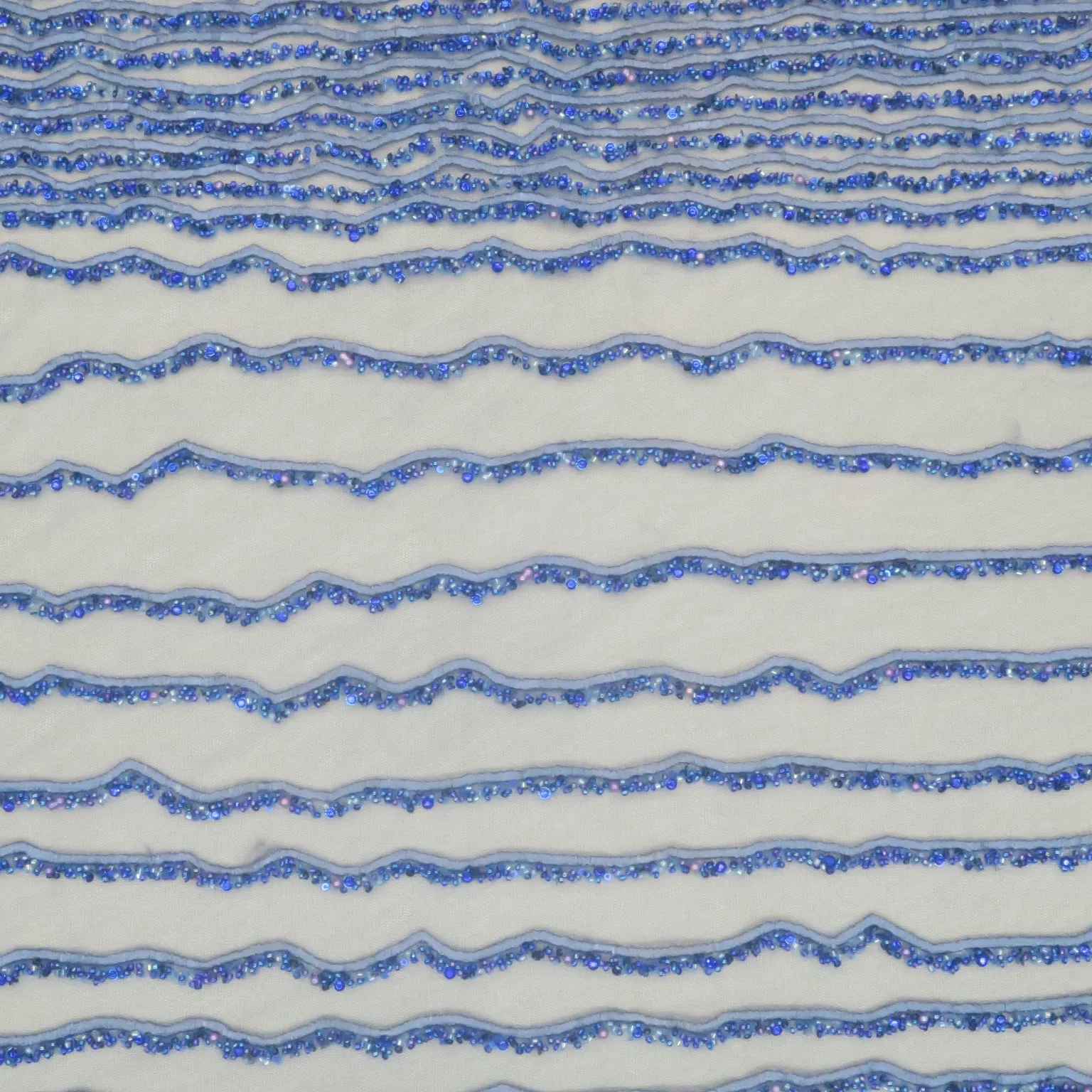 Blue Tulle Wave with Sequin Design Embroidered Fabric