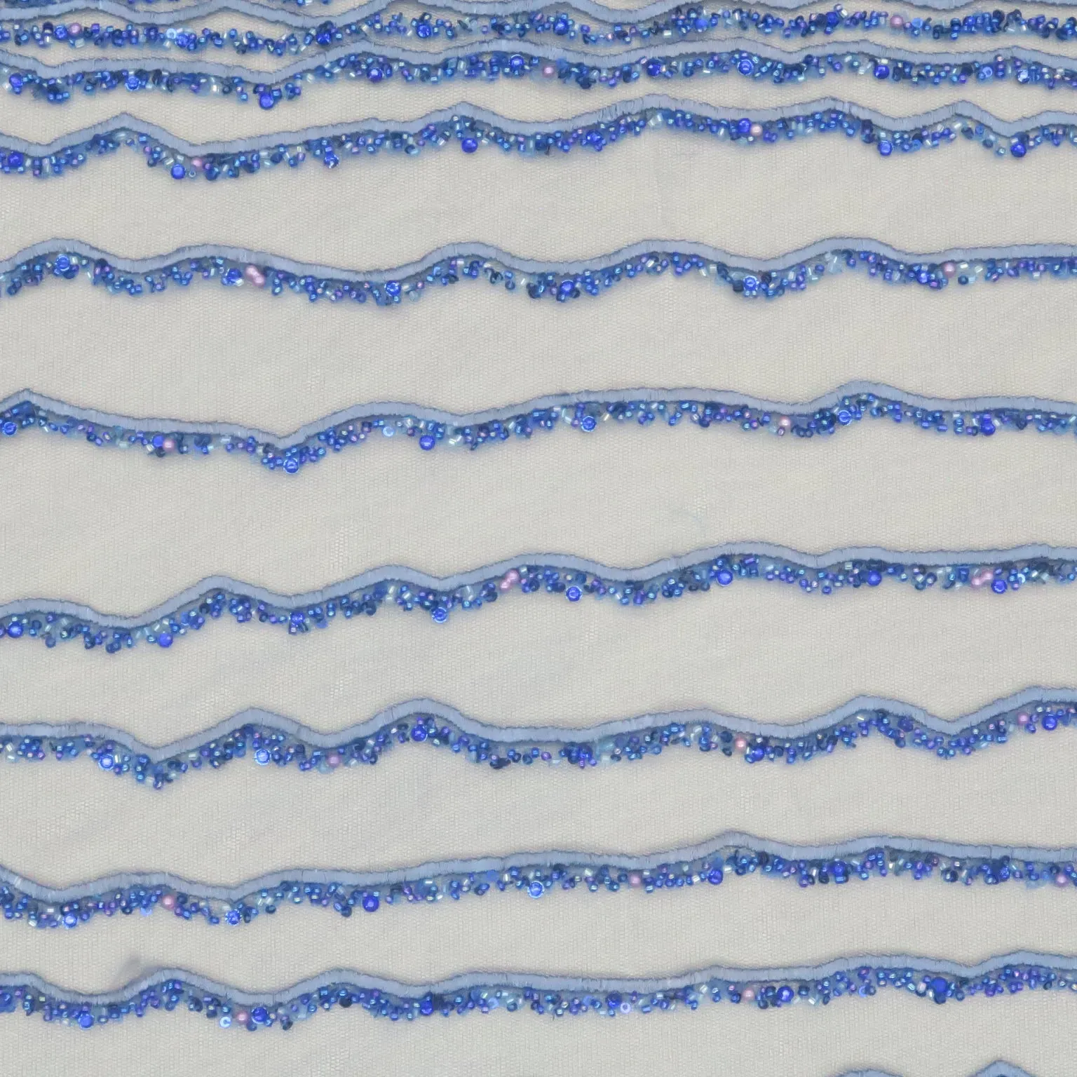Blue Tulle Wave with Sequin Design Embroidered Fabric