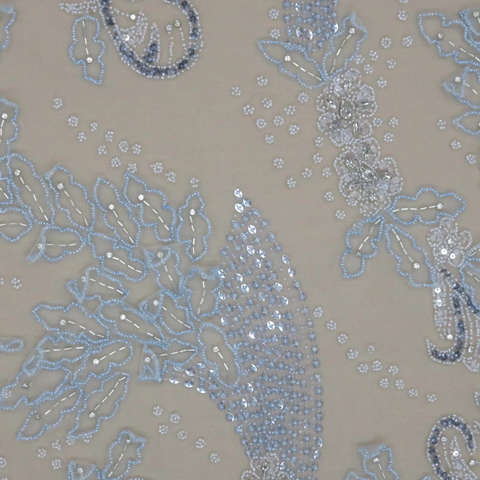 Blue Tulle with Blue High Rise Floral with Blue Pearls and Rhinestones Design Embroidered Fabric