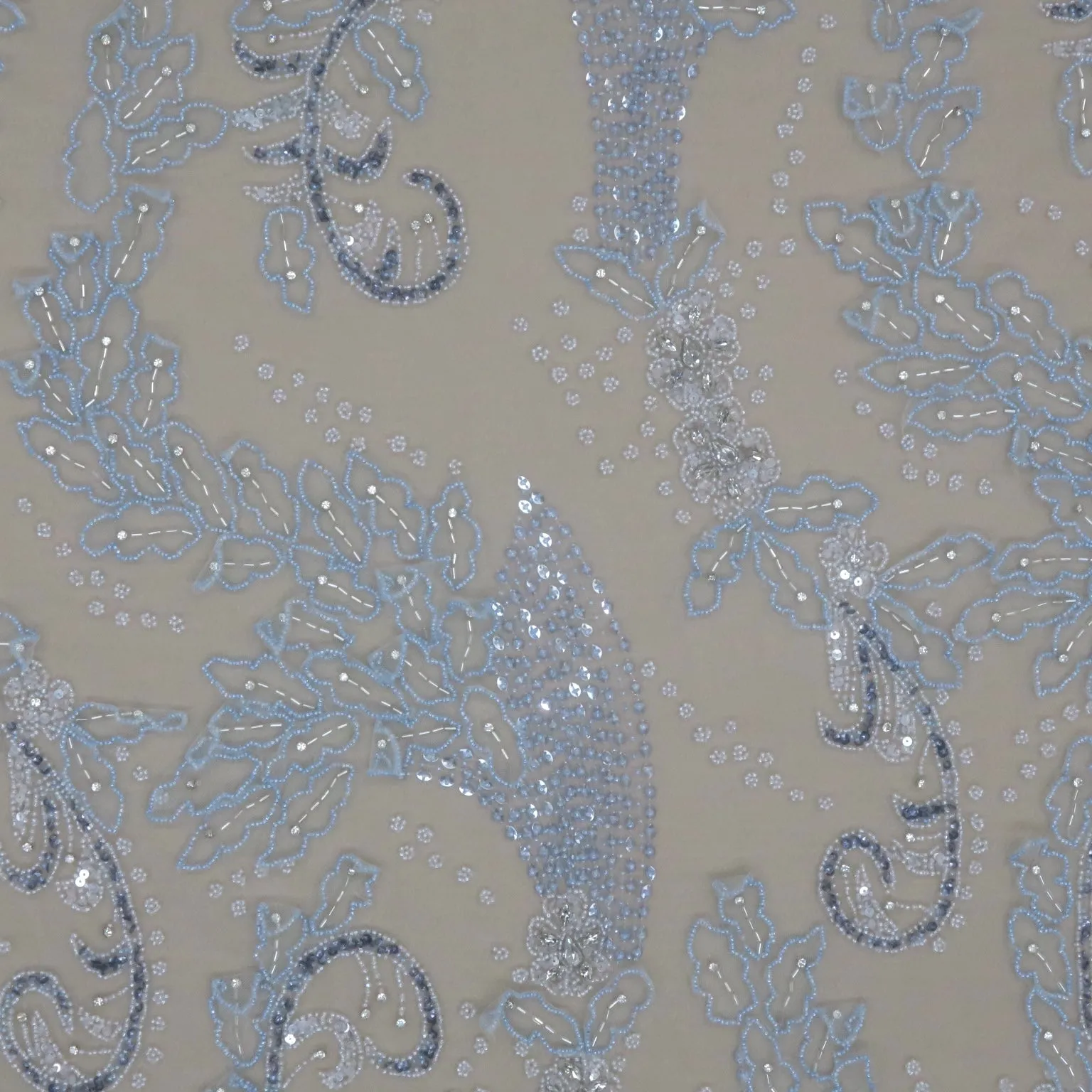 Blue Tulle with Blue High Rise Floral with Blue Pearls and Rhinestones Design Embroidered Fabric