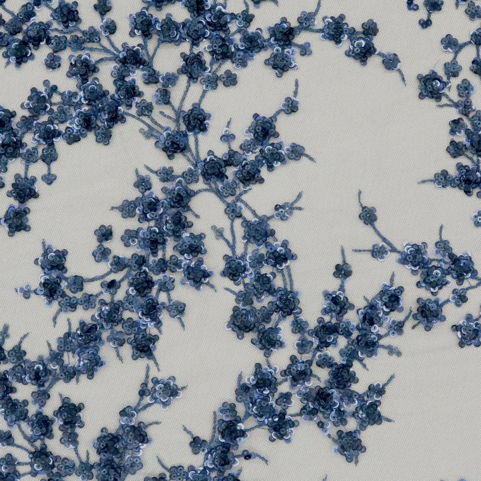 Blue White Tulle With Navy Blue Sequin Floral Design Embroidered Fabric