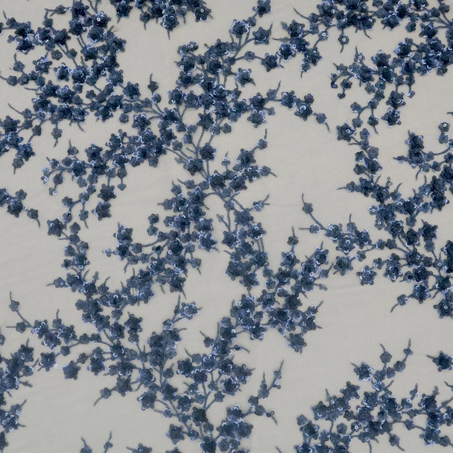 Blue White Tulle With Navy Blue Sequin Floral Design Embroidered Fabric