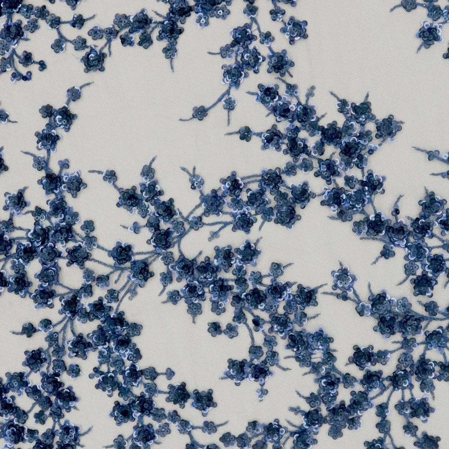 Blue White Tulle With Navy Blue Sequin Floral Design Embroidered Fabric