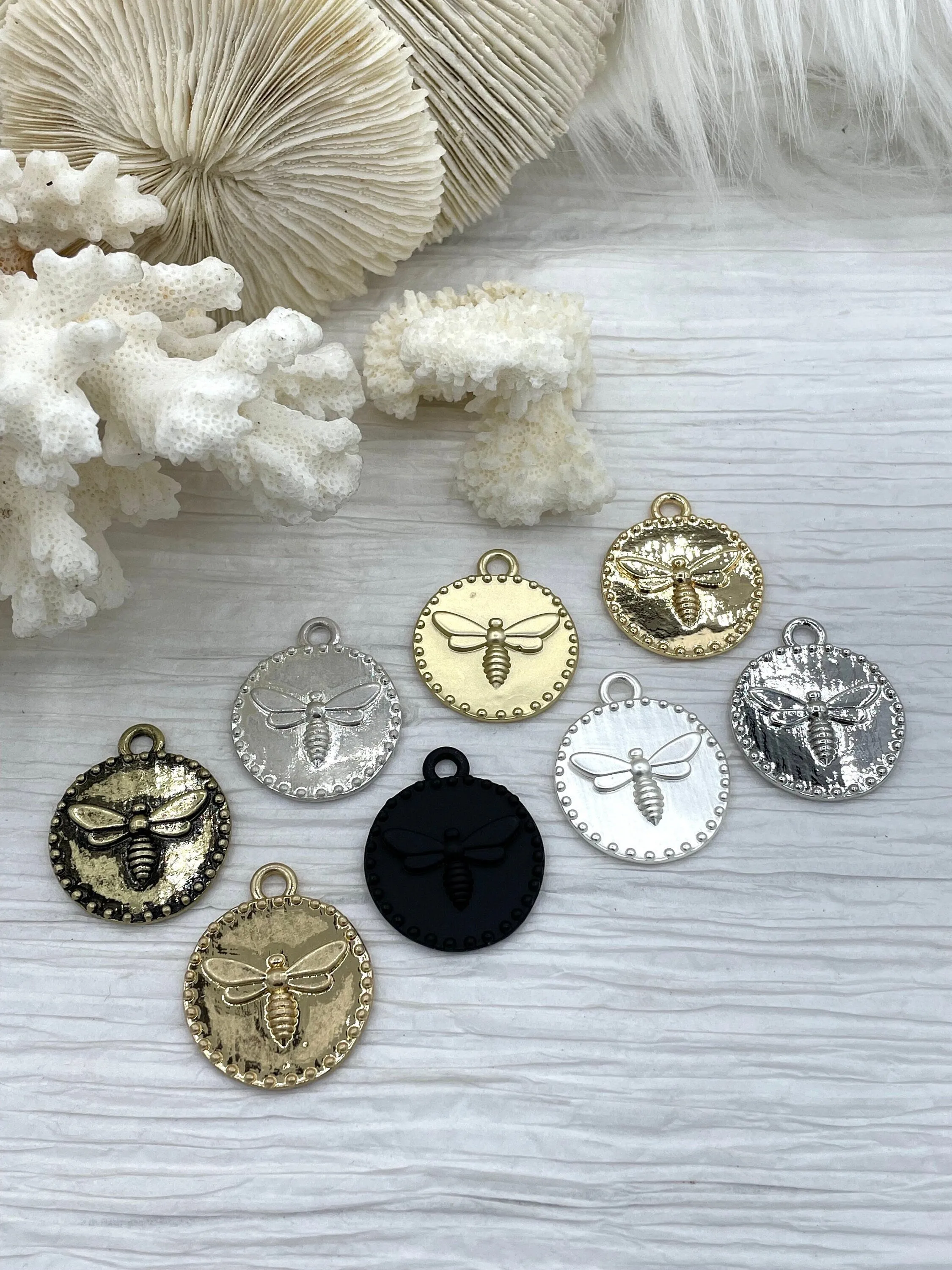 Brass Bee Coin Charm, Bumblebee Charm, Queen Bee Charm, Honey Bee Charm, Bee Pendant, Bee Charm, French Bee Round 28mm 8 Finishes Fast Ship