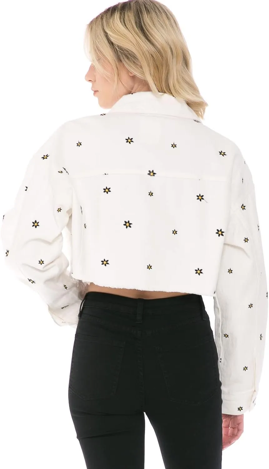 Cali1850 Women's Crop Denim Jacket - Casual Button Down Long Sleeve Cropped Jean Trucker Coat