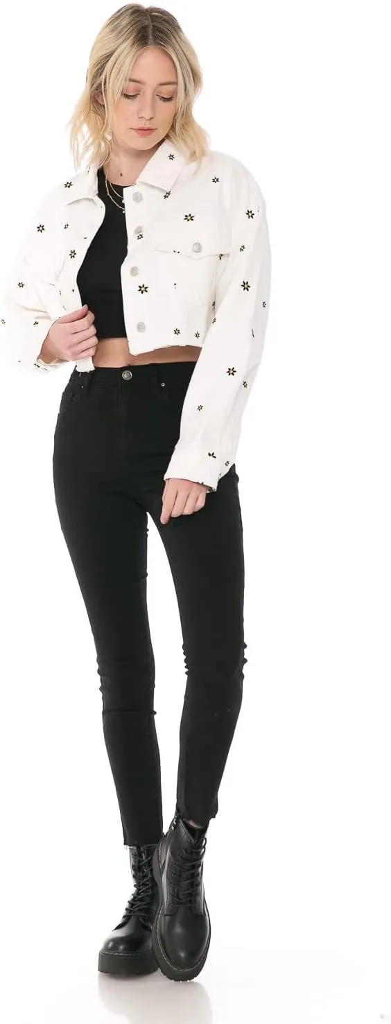 Cali1850 Women's Crop Denim Jacket - Casual Button Down Long Sleeve Cropped Jean Trucker Coat