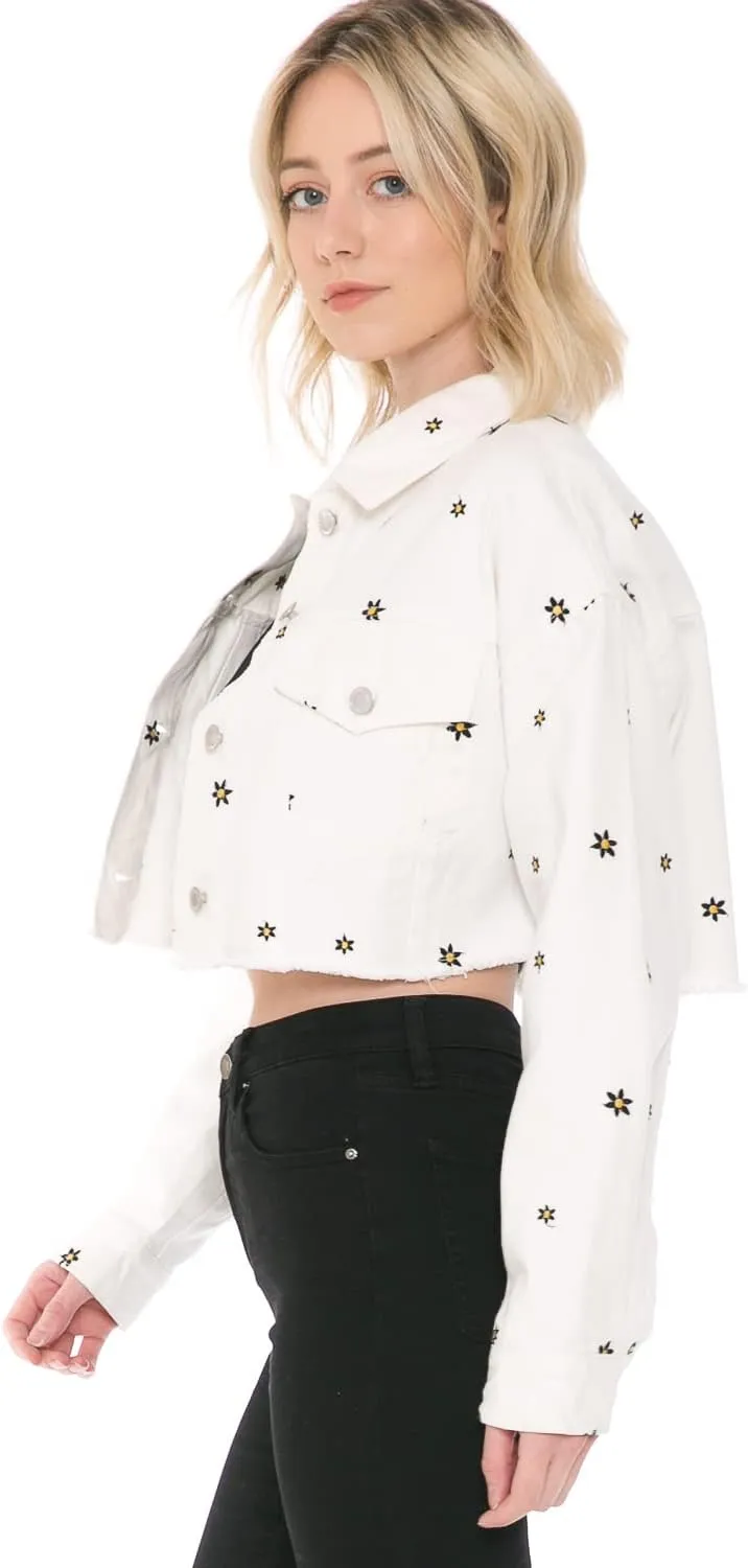 Cali1850 Women's Crop Denim Jacket - Casual Button Down Long Sleeve Cropped Jean Trucker Coat