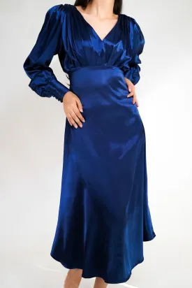 Premium Celeste Dark Blue Satin Midi Dress with Long Sleeves