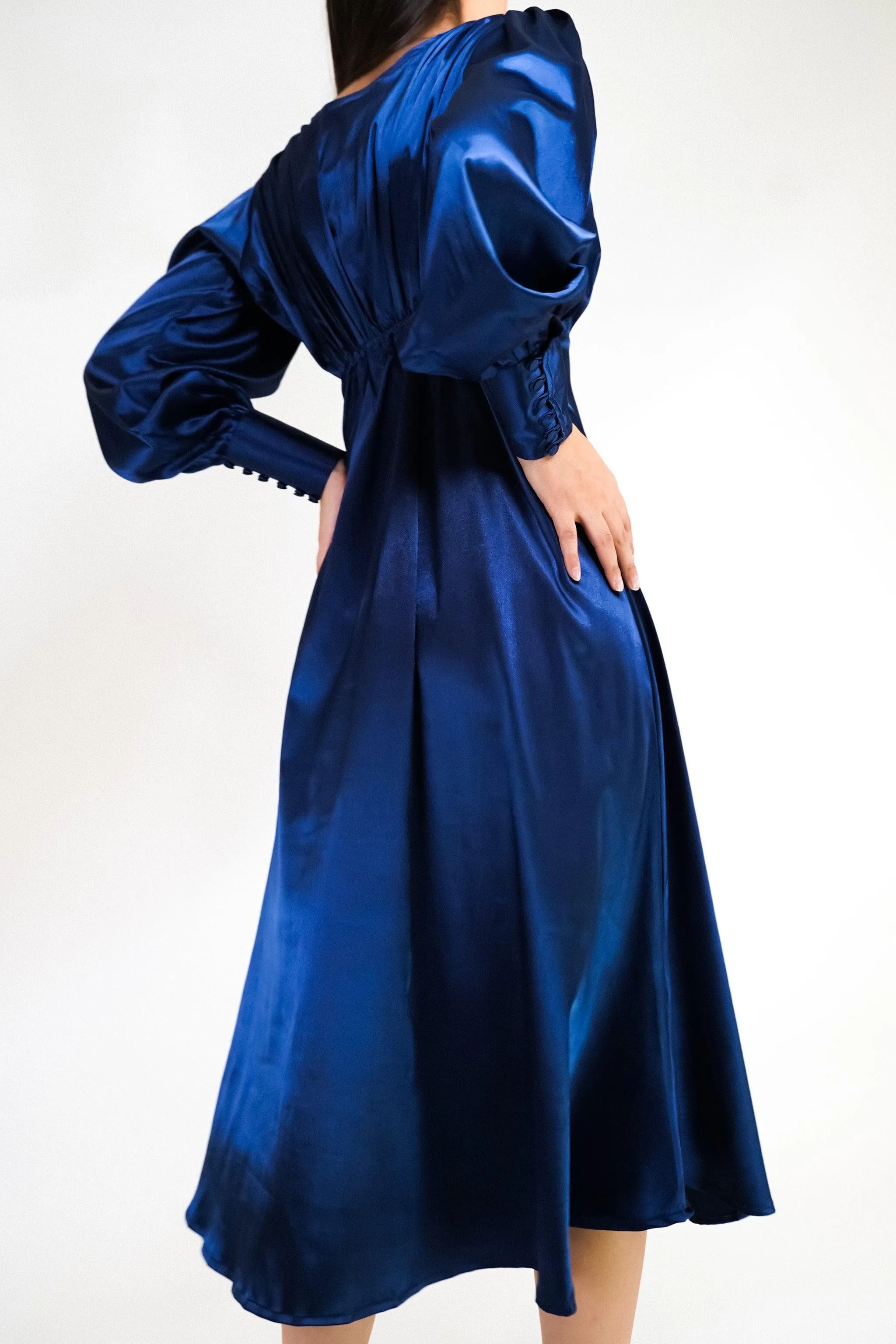 Premium Celeste Dark Blue Satin Midi Dress with Long Sleeves