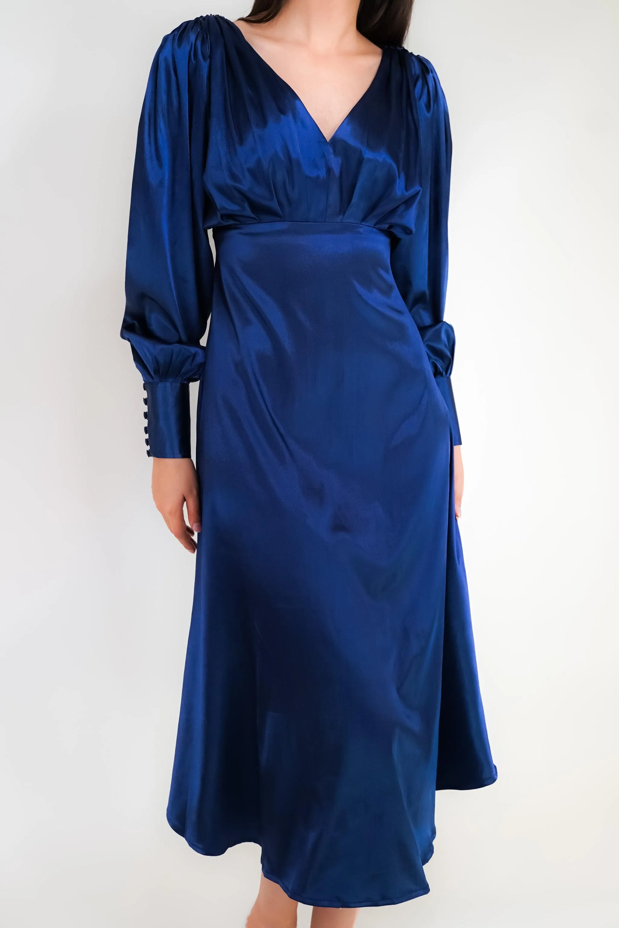 Premium Celeste Dark Blue Satin Midi Dress with Long Sleeves