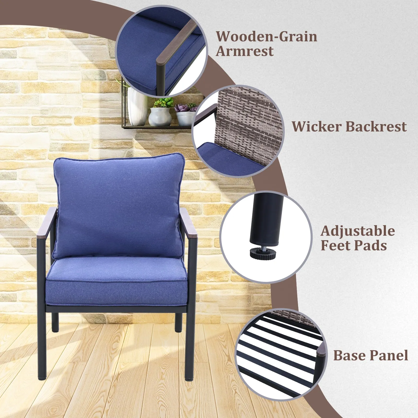 COOS BAY 5 Pieces Patio Furniture Set, Includes Patio Chairs, 2 Seater Loveseat and Nesting Coffee Tables, Beige/Blue