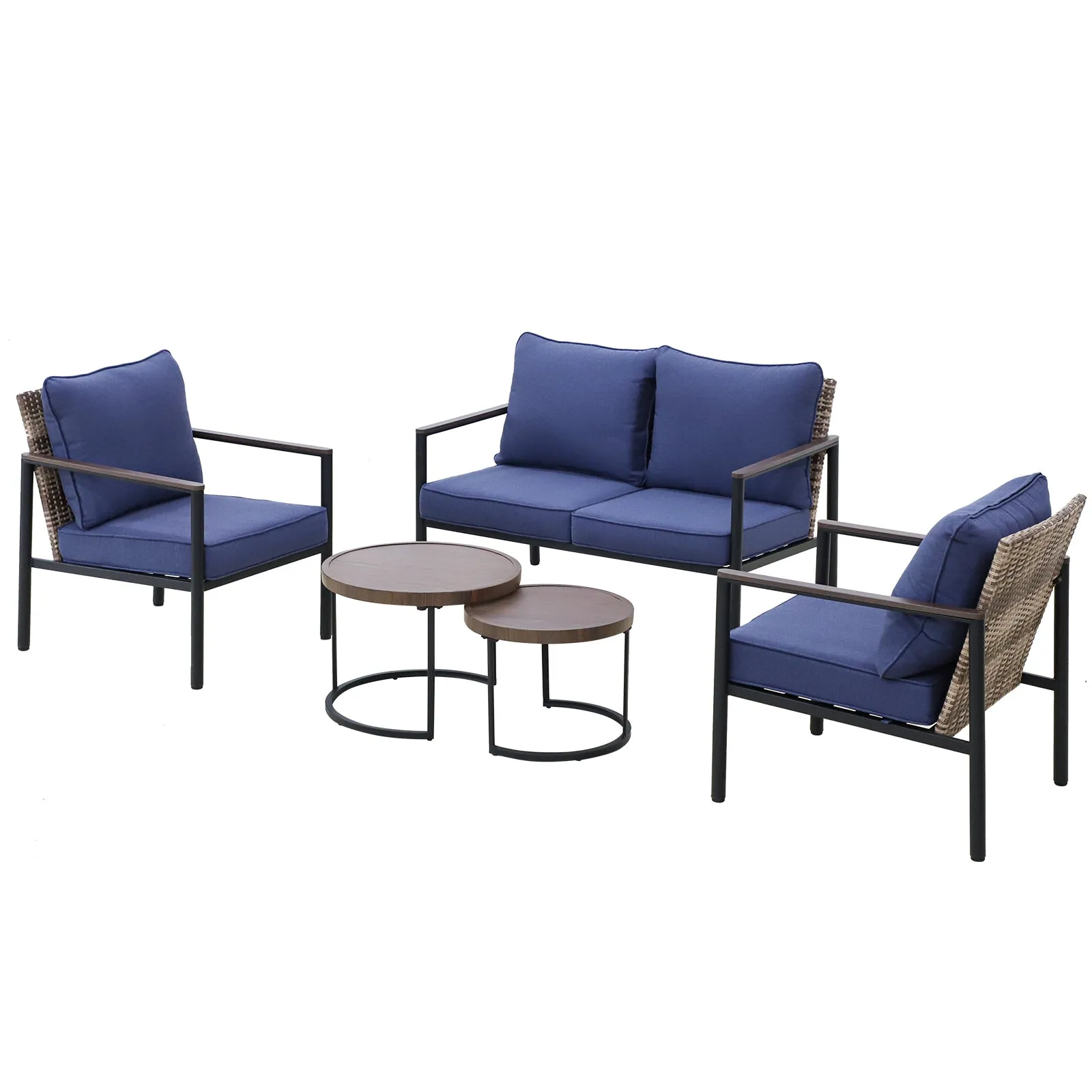 COOS BAY 5 Pieces Patio Furniture Set, Includes Patio Chairs, 2 Seater Loveseat and Nesting Coffee Tables, Beige/Blue
