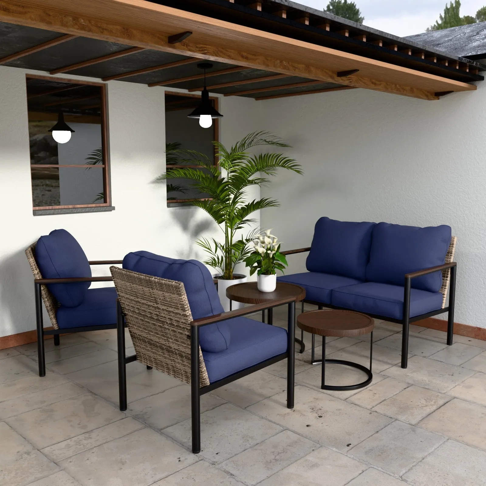 COOS BAY 5 Pieces Patio Furniture Set, Includes Patio Chairs, 2 Seater Loveseat and Nesting Coffee Tables, Beige/Blue