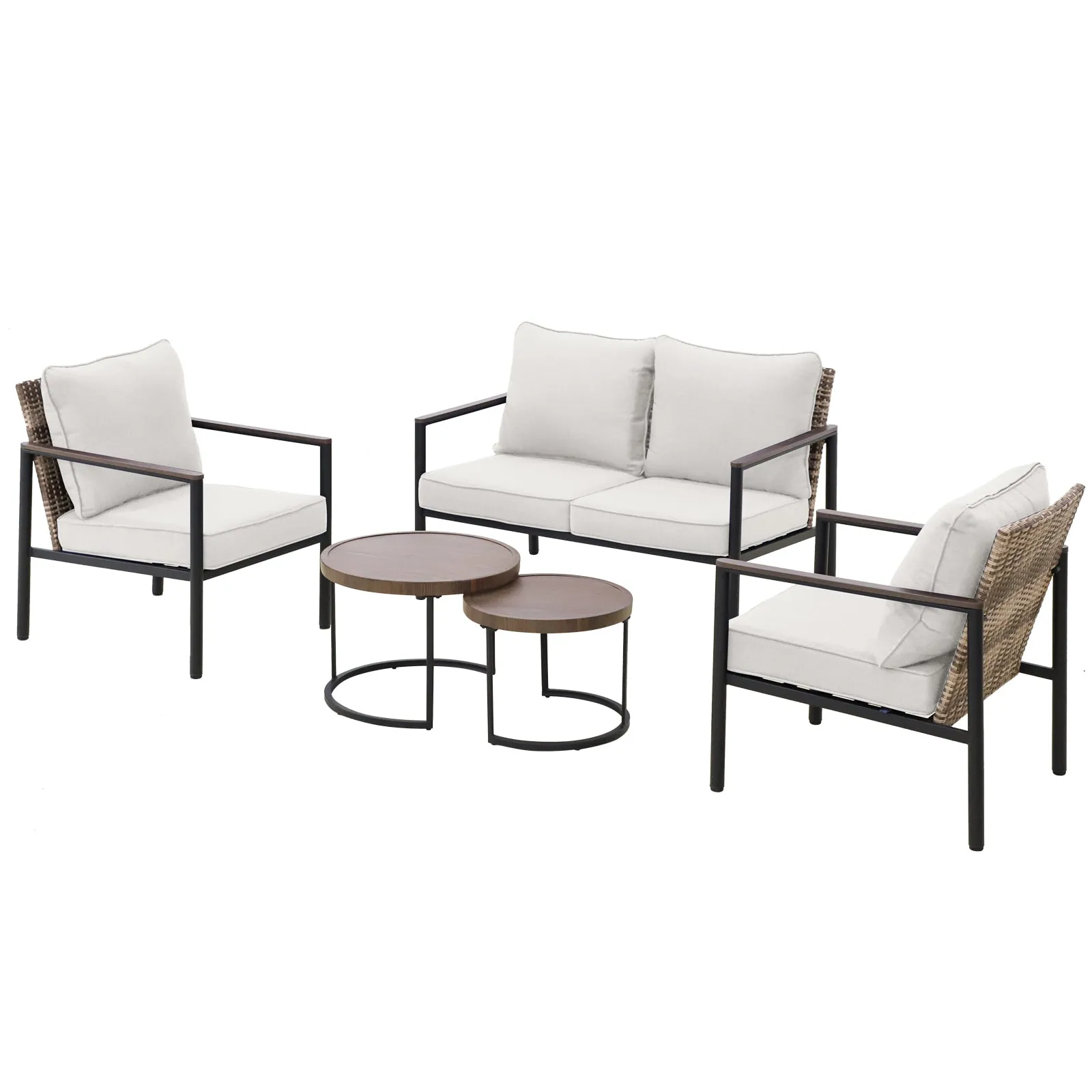 COOS BAY 5 Pieces Patio Furniture Set, Includes Patio Chairs, 2 Seater Loveseat and Nesting Coffee Tables, Beige/Blue