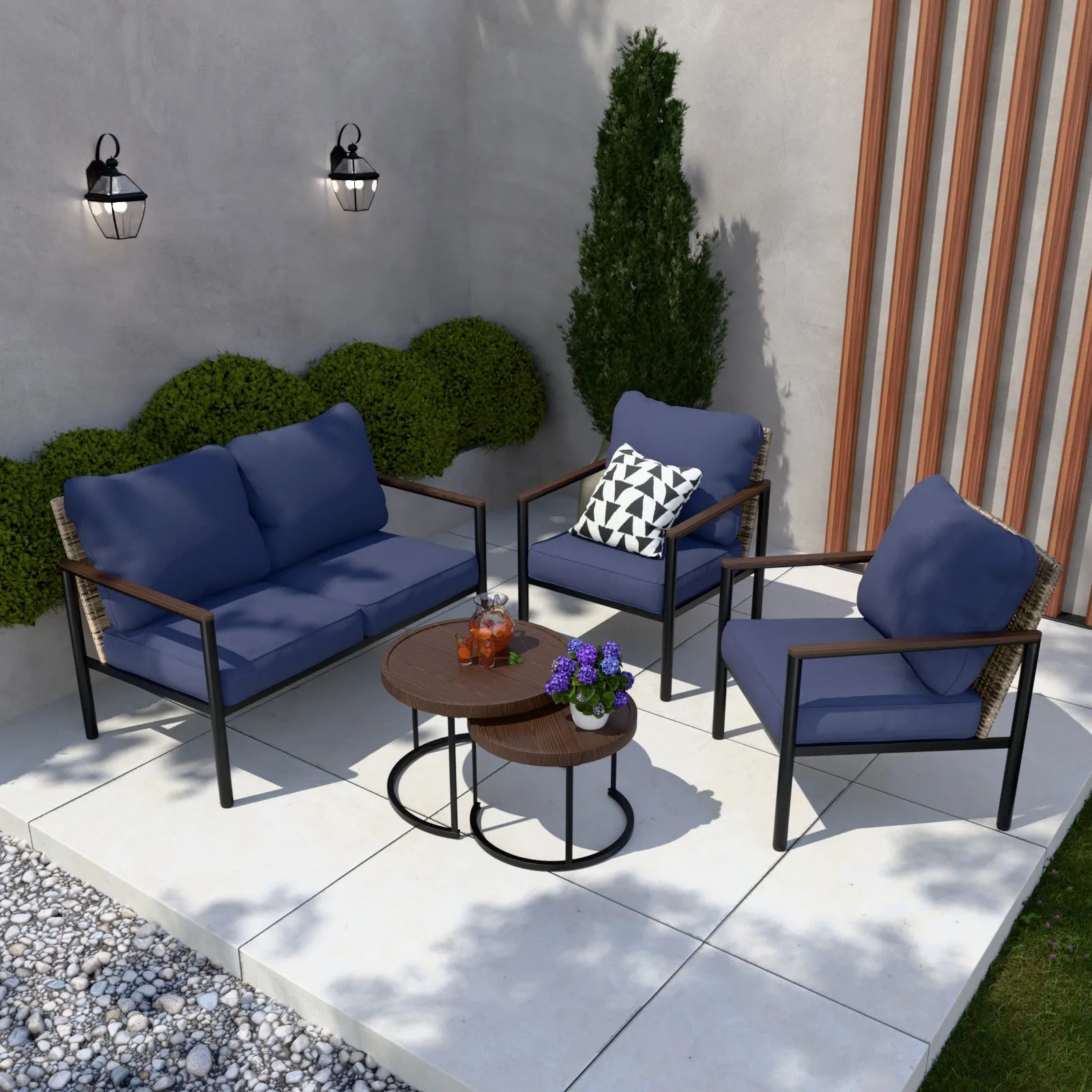 COOS BAY 5 Pieces Patio Furniture Set, Includes Patio Chairs, 2 Seater Loveseat and Nesting Coffee Tables, Beige/Blue