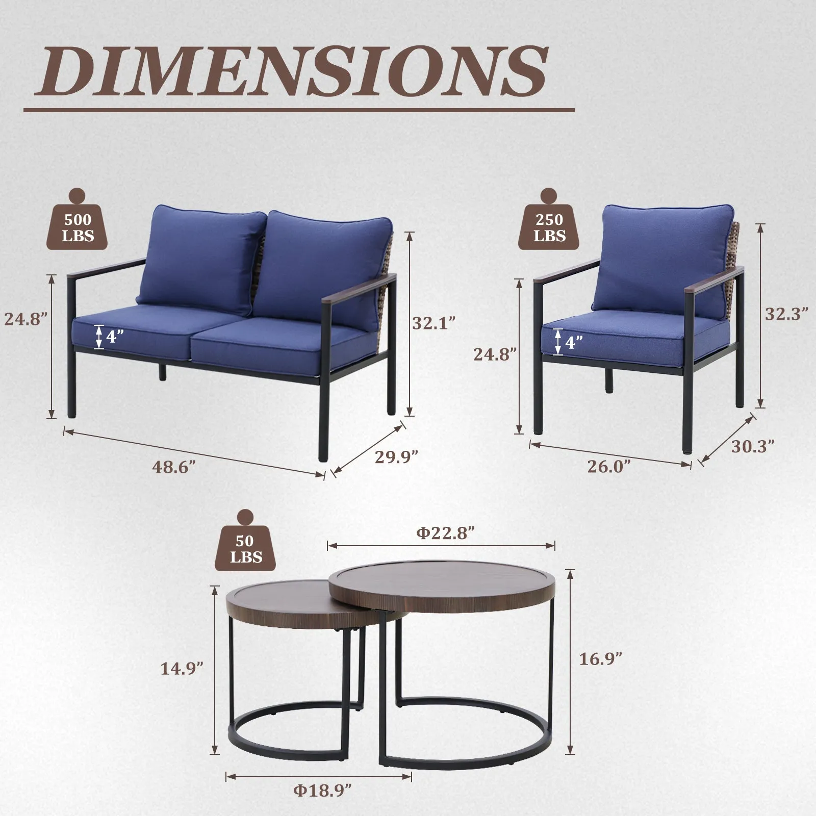 COOS BAY 5 Pieces Patio Furniture Set, Includes Patio Chairs, 2 Seater Loveseat and Nesting Coffee Tables, Beige/Blue