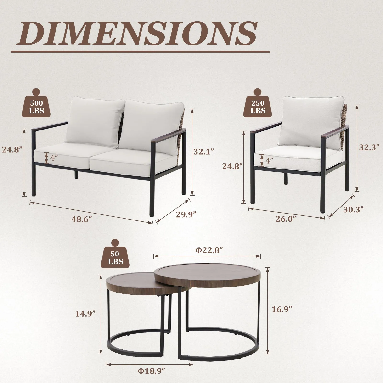 COOS BAY 5 Pieces Patio Furniture Set, Includes Patio Chairs, 2 Seater Loveseat and Nesting Coffee Tables, Beige/Blue