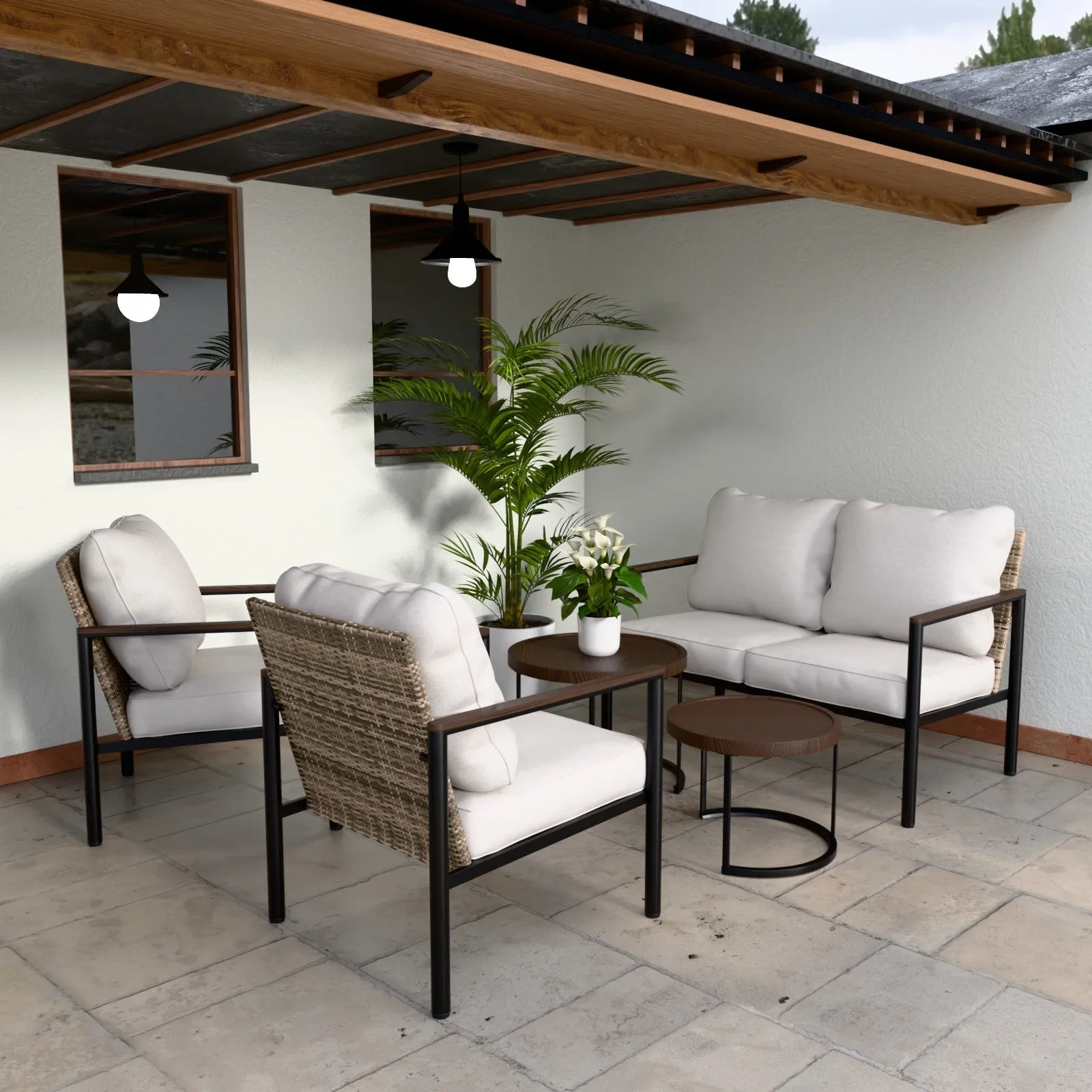 COOS BAY 5 Pieces Patio Furniture Set, Includes Patio Chairs, 2 Seater Loveseat and Nesting Coffee Tables, Beige/Blue