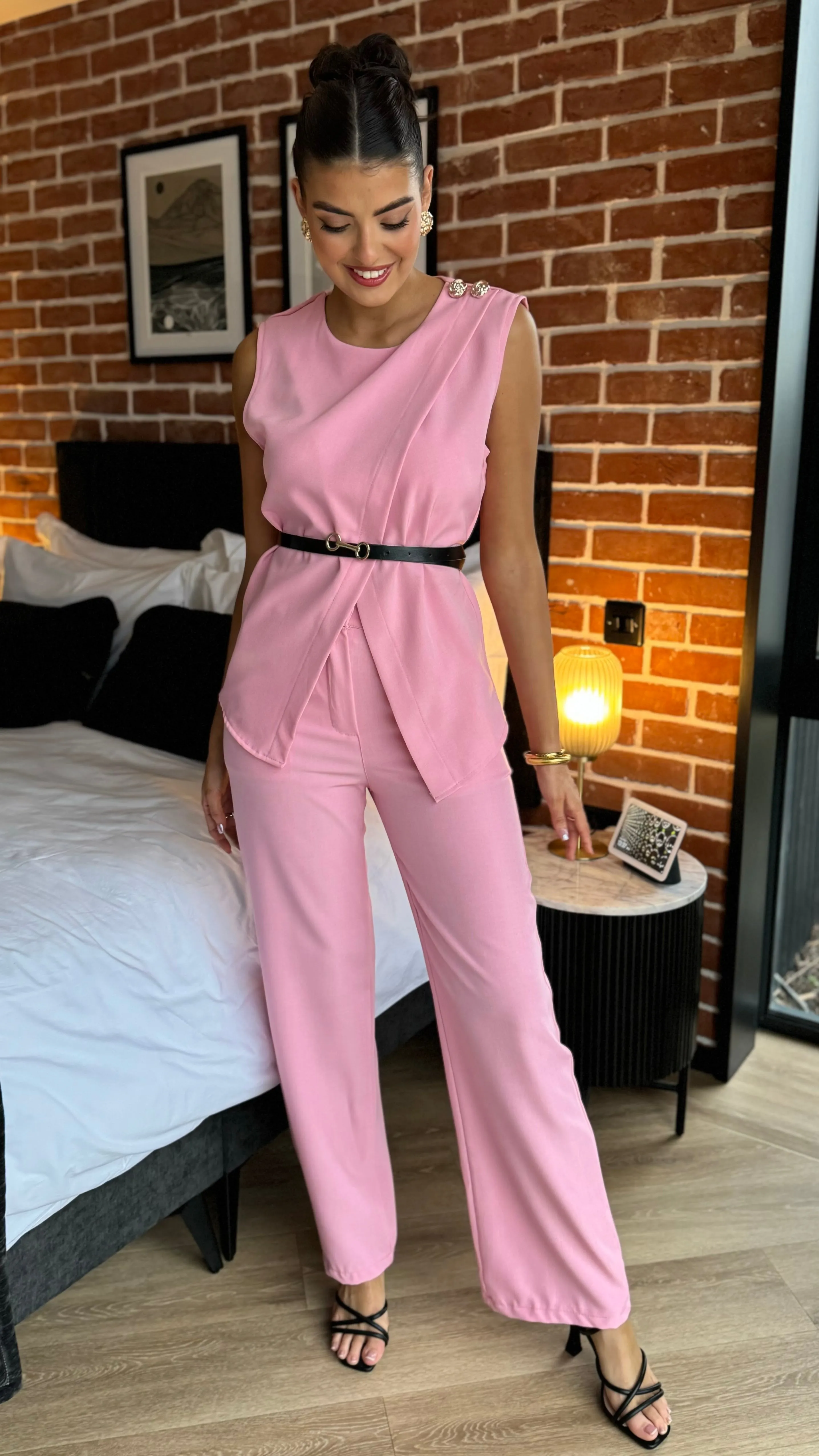 Corrine Pink Trousers & Button Detail Belted Top Co Ord