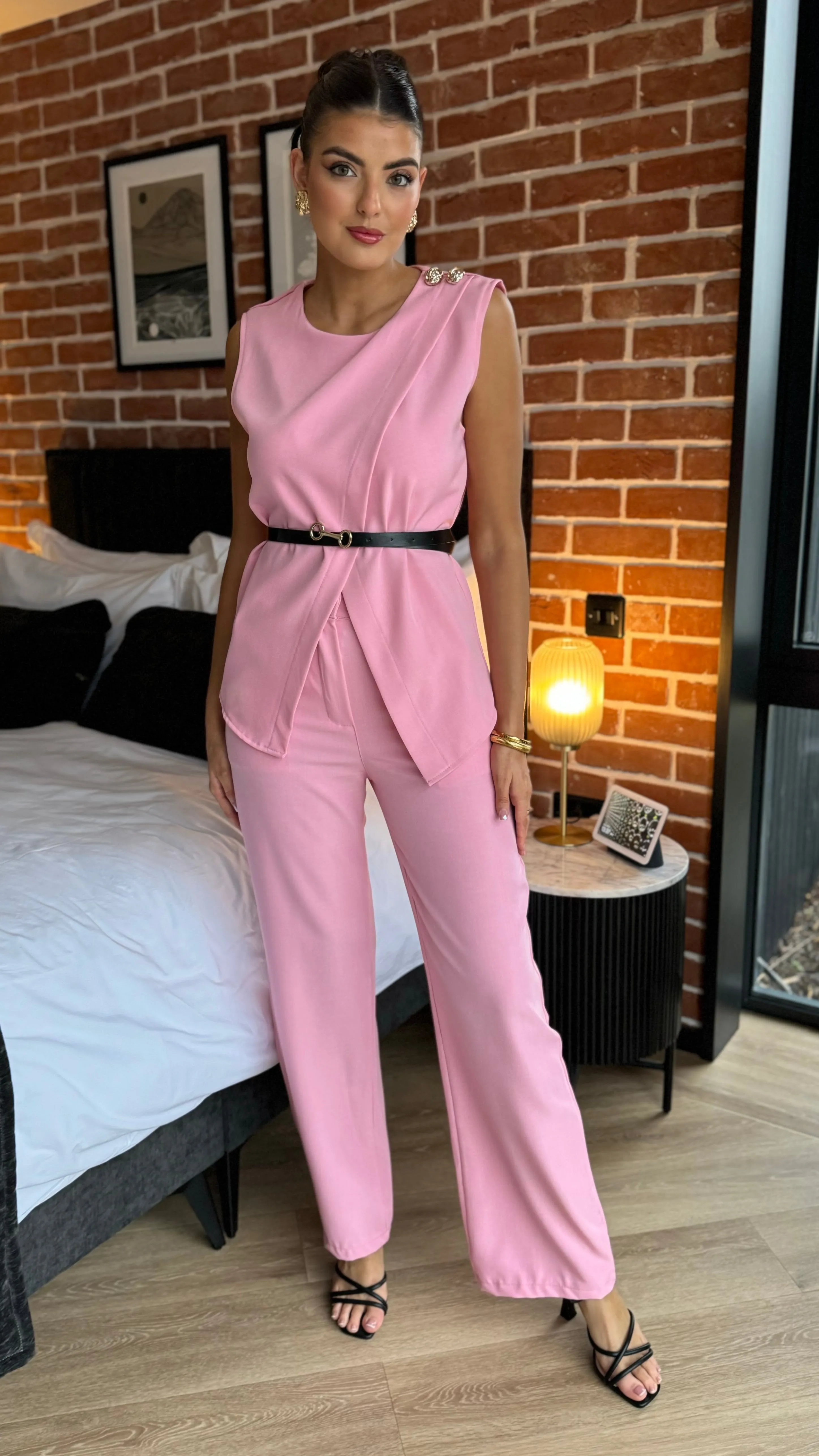 Corrine Pink Trousers & Button Detail Belted Top Co Ord
