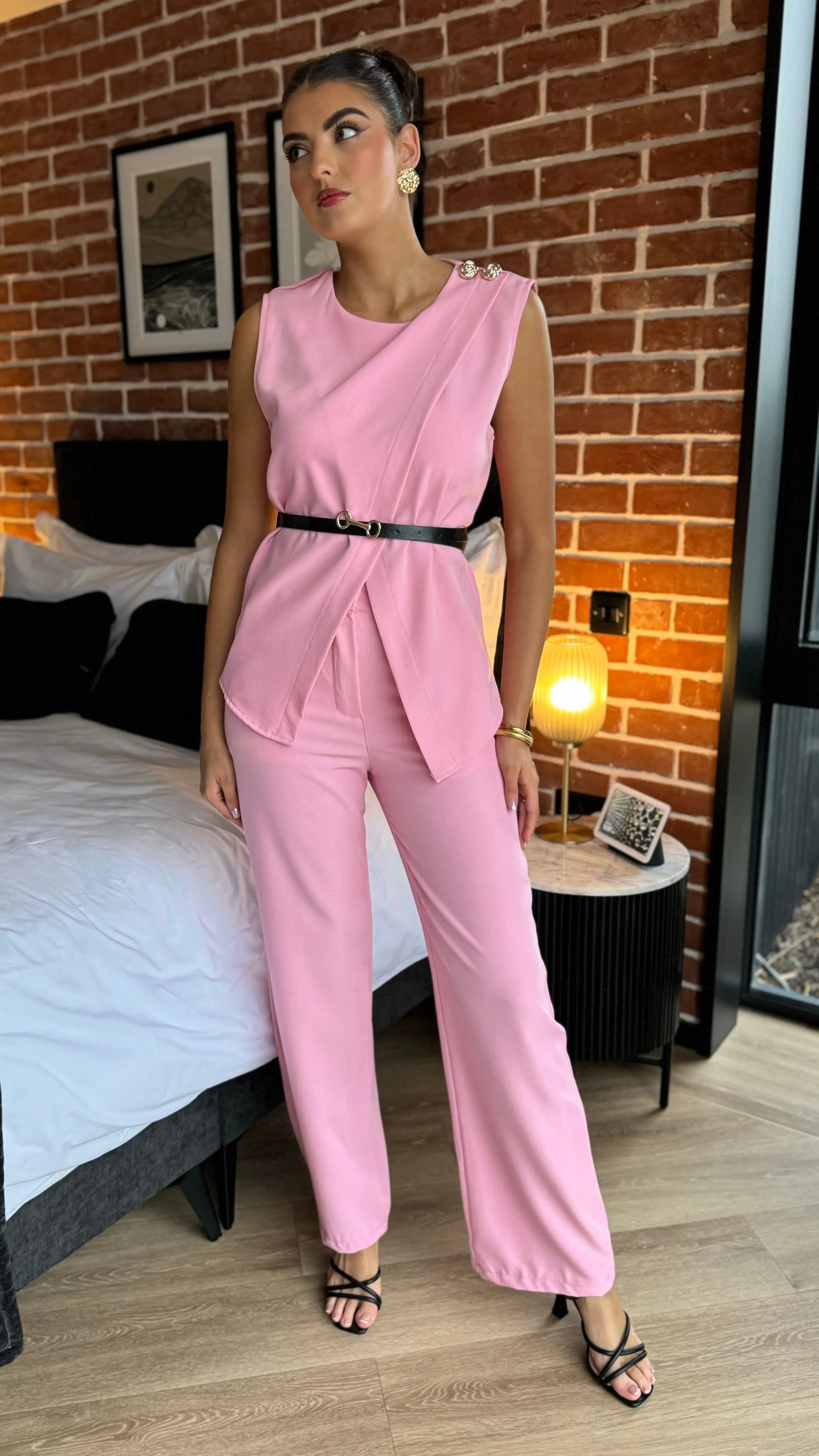 Corrine Pink Trousers & Button Detail Belted Top Co Ord