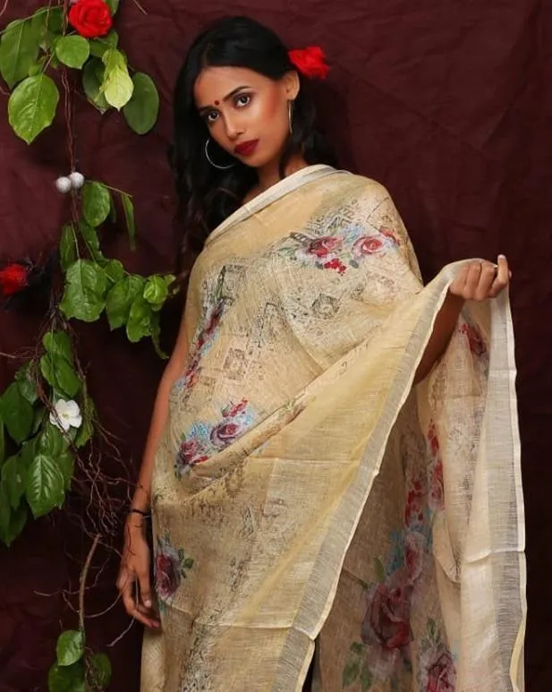 Cream Floral Digital Printed Linen Women Dupatta
