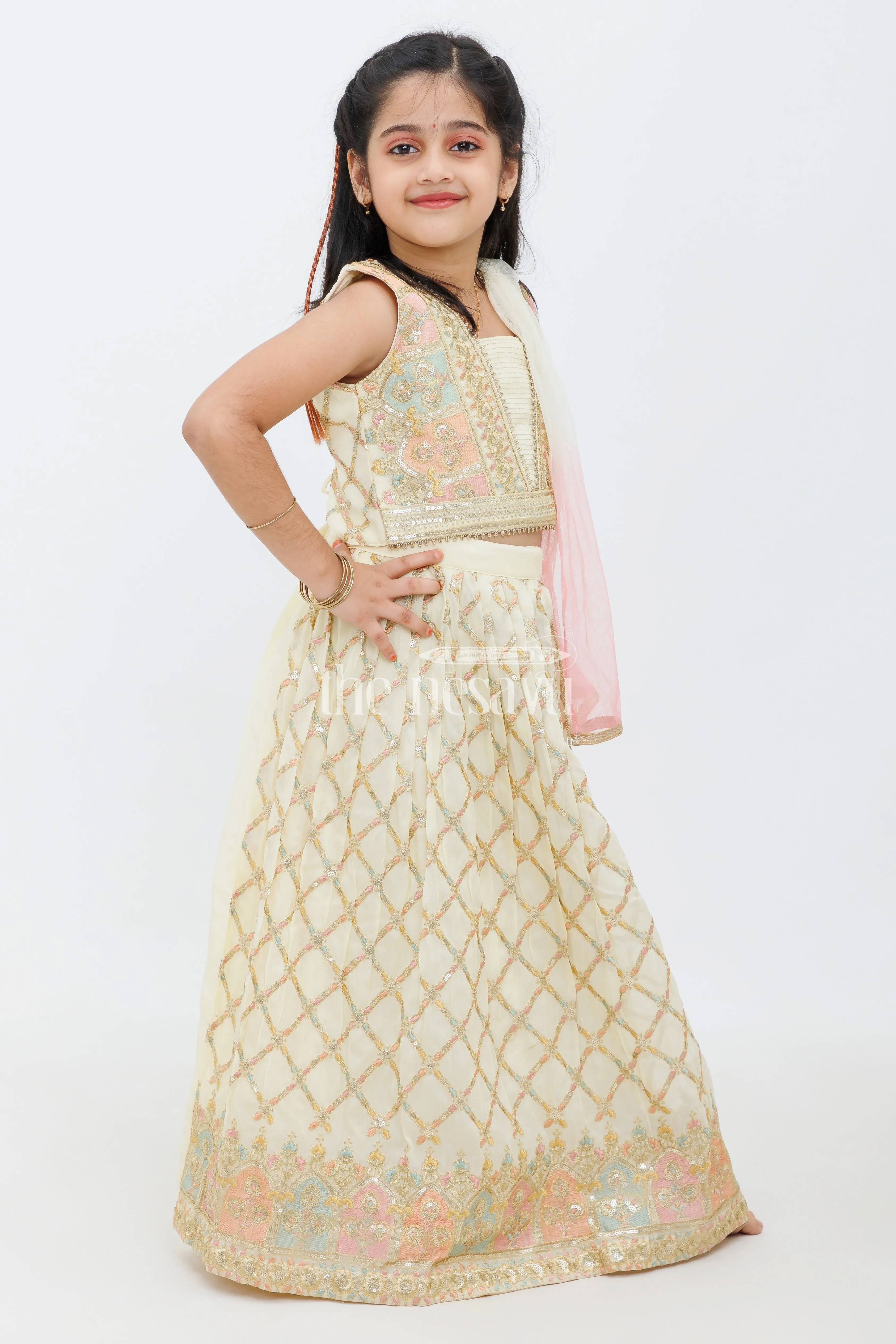 Cream Ghagra Choli with Heavy Designer Embroidery for Girls