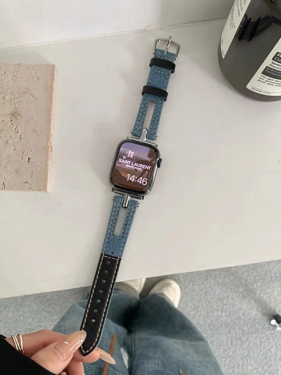 Cute Blue Denim Leather Bracelet iWatch Band Series 1 2 3 4 5 6 7 8 9 Ultra Generation 38mm 40mm 41mm 42mm 44mm 45mm 49mm Apple Watch Strap