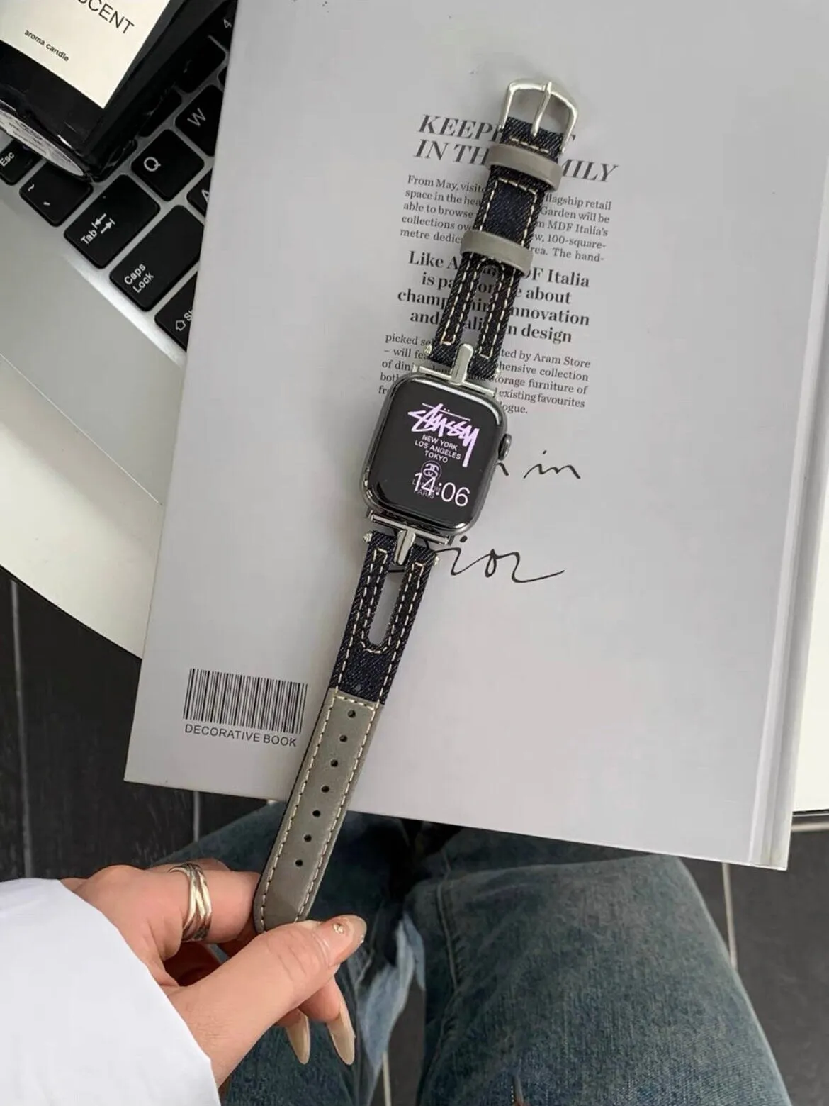 Cute Blue Denim Leather Bracelet iWatch Band Series 1 2 3 4 5 6 7 8 9 Ultra Generation 38mm 40mm 41mm 42mm 44mm 45mm 49mm Apple Watch Strap