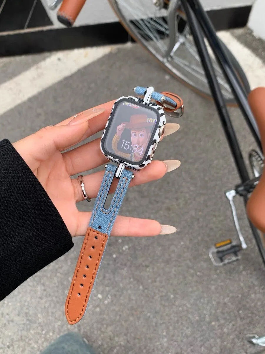 Cute Blue Denim Leather Bracelet iWatch Band Series 1 2 3 4 5 6 7 8 9 Ultra Generation 38mm 40mm 41mm 42mm 44mm 45mm 49mm Apple Watch Strap