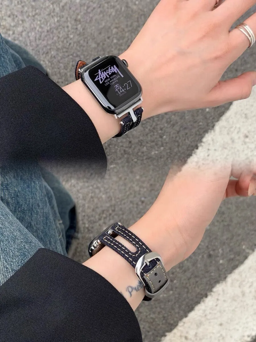 Cute Blue Denim Leather Bracelet iWatch Band Series 1 2 3 4 5 6 7 8 9 Ultra Generation 38mm 40mm 41mm 42mm 44mm 45mm 49mm Apple Watch Strap