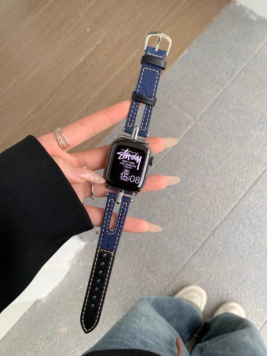Cute Blue Denim Leather Bracelet iWatch Band Series 1 2 3 4 5 6 7 8 9 Ultra Generation 38mm 40mm 41mm 42mm 44mm 45mm 49mm Apple Watch Strap