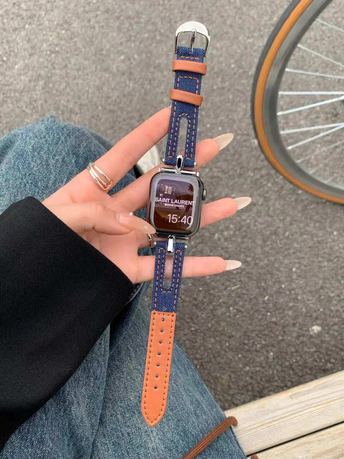 Cute Blue Denim Leather Bracelet iWatch Band Series 1 2 3 4 5 6 7 8 9 Ultra Generation 38mm 40mm 41mm 42mm 44mm 45mm 49mm Apple Watch Strap