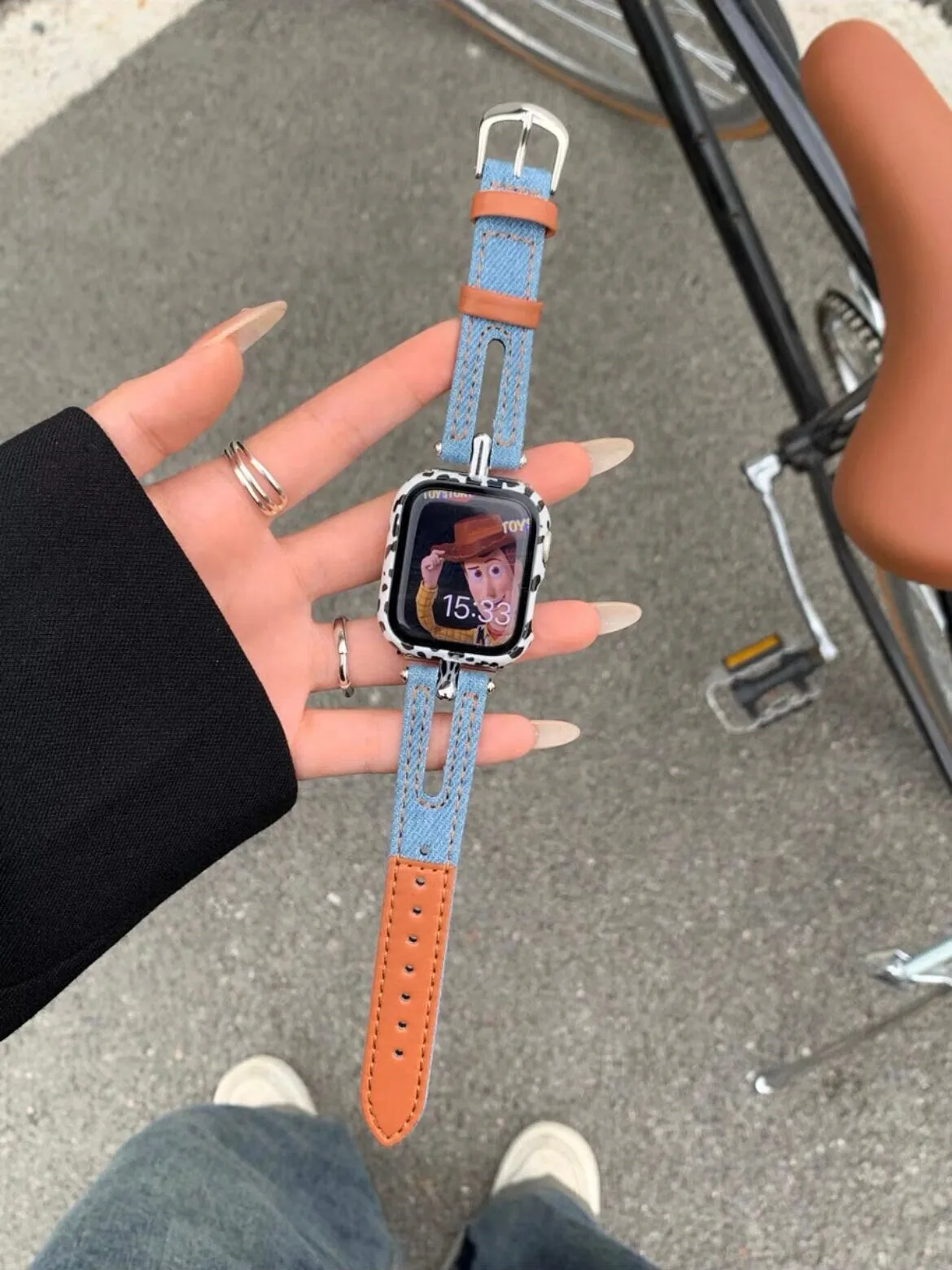 Cute Blue Denim Leather Bracelet iWatch Band Series 1 2 3 4 5 6 7 8 9 Ultra Generation 38mm 40mm 41mm 42mm 44mm 45mm 49mm Apple Watch Strap